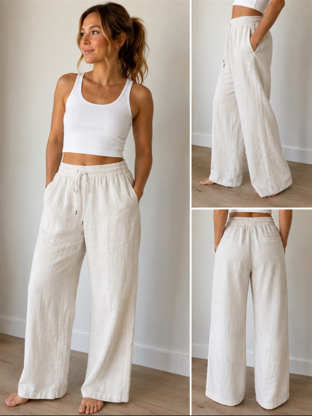 Zara Women L White Linen Blend Wide Leg Pull On Pants Drawstring